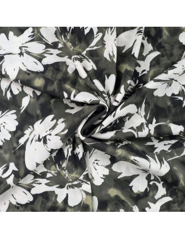 Tissu, Viscose Flammée Stretch Imprimée Fleurs, Kaki, Laize 145 cm, 97% Viscose 3% Lurex 150g/m²