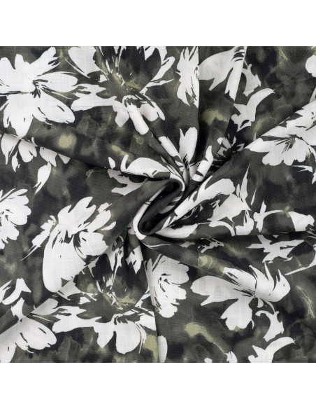 Tissu, Viscose Flammée Stretch Imprimée Fleurs, Kaki, Laize 145 cm, 97% Viscose 3% Lurex 150g/m²