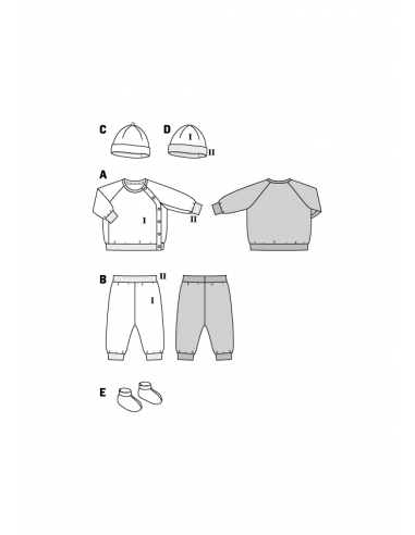 Patron Burda 9315 Sweat, pantalon, bonnet et chaussons pour bébés de 1 à 12 mois