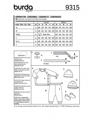 Patron Burda 9315 Sweat, pantalon, bonnet et chaussons pour bébés de 1 à 12 mois