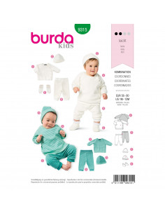 Patron Burda 9315 Sweat, pantalon, bonnet et chaussons pour bébés de 1 à 12 mois