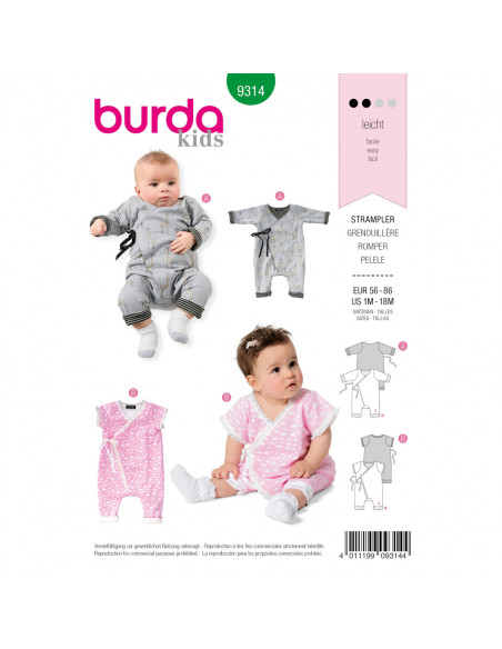Patron Burda 9314 Grenouillère croisée pour bébés de 1 à 18 mois