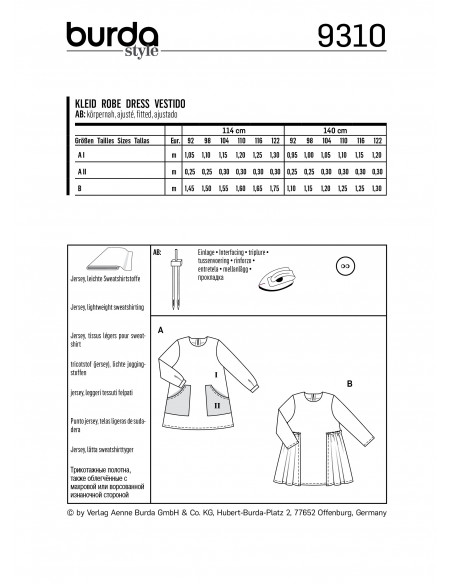 Patron Burda 9310 Robes avec poches de 2 à 7 ans