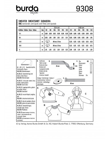 Patron Burda 9308 SweaTee-Shirt hoodie de 2 à 7 ans