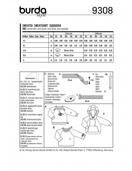 Patron Burda 9308 SweaTee-Shirt hoodie de 2 à 7 ans