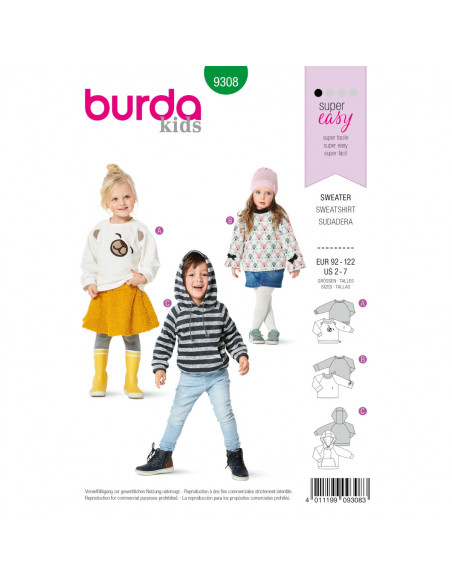 Patron Burda 9308 SweaTee-Shirt hoodie de 2 à 7 ans