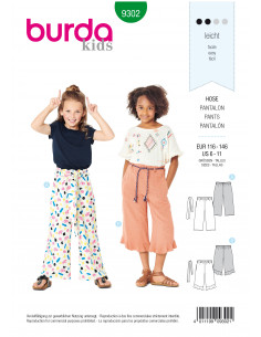 Patron Burda 9302 Pantalon fille léger à coulisse élastiquée ou pantacourt  7/8 - de 6 à 11 ans