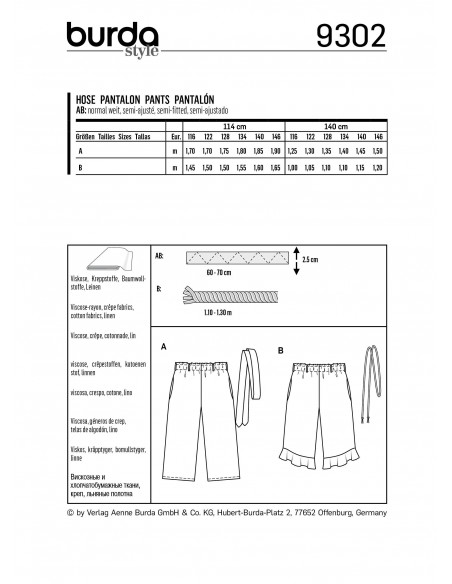 Patron Burda 9302 Pantalon fille léger à coulisse élastiquée ou pantacourt  7/8 - de 6 à 11 ans