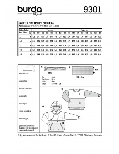 Patron Burda 9301 SweaTee-Shirt – hoodie enfant avec ou sans capuche - de 7 à 14/16 ans