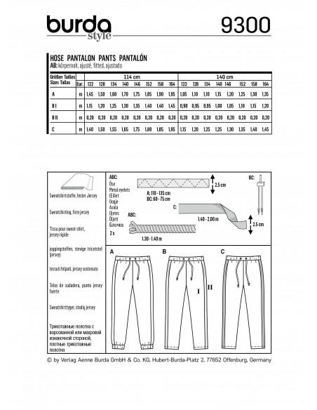 Patron Burda 9300 Pantalon de jogging enfant à coulisse élastique - de 7 à 14/16 ans