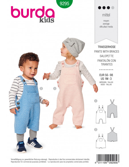 Patron Burda 9295 Salopette bébé short à bretelles - du 56 au 98