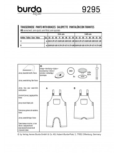 Patron Burda 9295 Salopette bébé short à bretelles - du 56 au 98