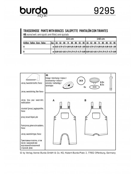 Patron Burda 9295 Salopette bébé short à bretelles - du 56 au 98