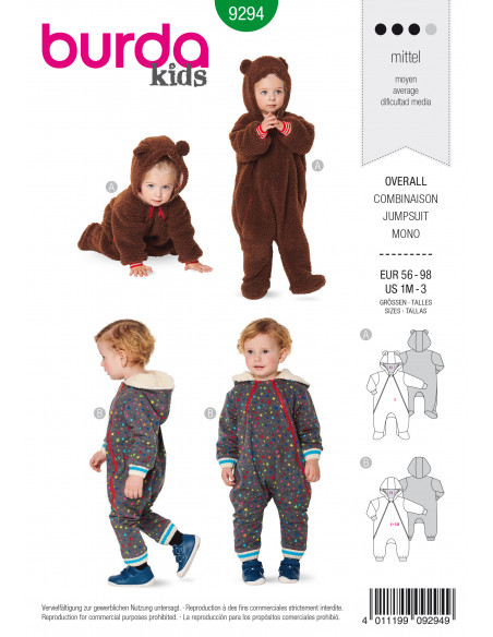 Patron Burda 9294 Combinaison bébé zippée capuche - du 56 au 98