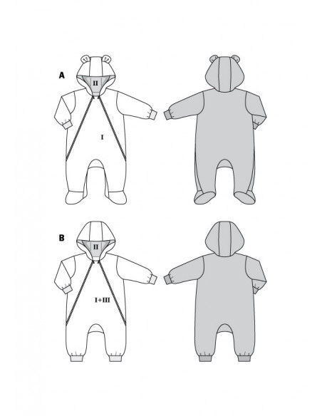 Patron Burda 9294 Combinaison bébé zippée capuche - du 56 au 98