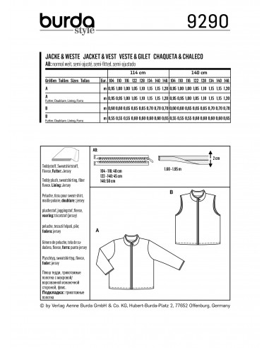 Patron Burda 9290 Veste gilet avec fermeture à glissière bords gansés - de 4 à 11 ans