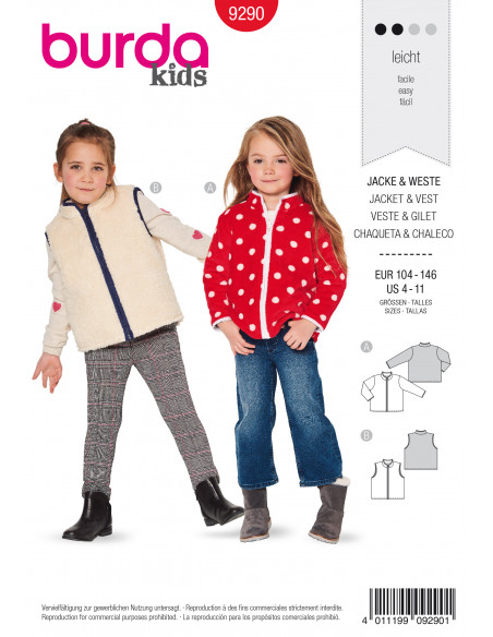Patron Burda 9290 Veste gilet avec fermeture à glissière bords gansés - de 4 à 11 ans