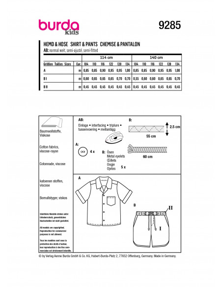 Patron Burda 9285 - Short et Chemise enfant garçon du 104 au 134 cm