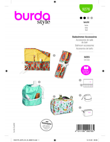Patron Burda 9276 -  3 Accessoirs salle de bain, trousses de toilette - taille unique