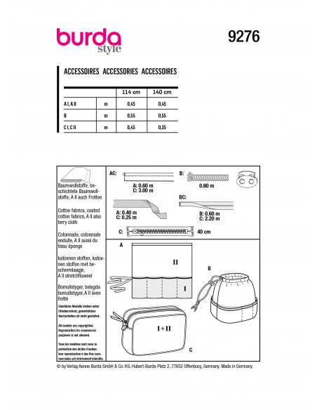 Patron Burda 9276 -  3 Accessoirs salle de bain, trousses de toilette - taille unique