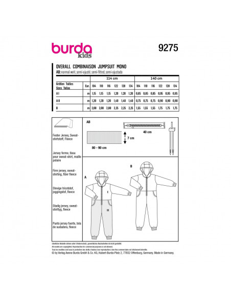 Patron Burda 9275 - Combinaison Enfant Mixte à capuche du 104 au 134