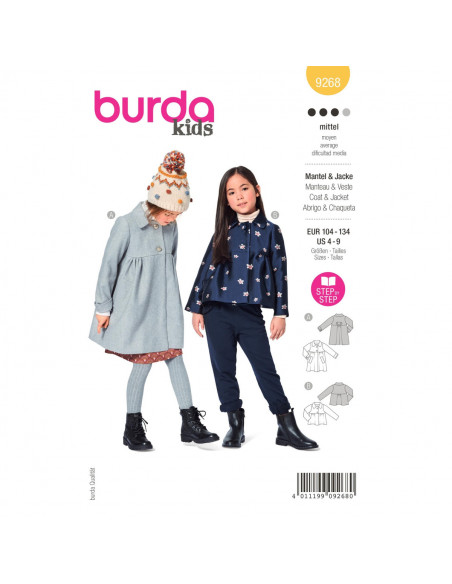 Patron Burda 9268 - Manteau, veste à col Claudine du 104 au 134