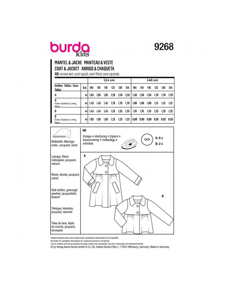 Patron Burda 9268 - Manteau, veste à col Claudine du 104 au 134