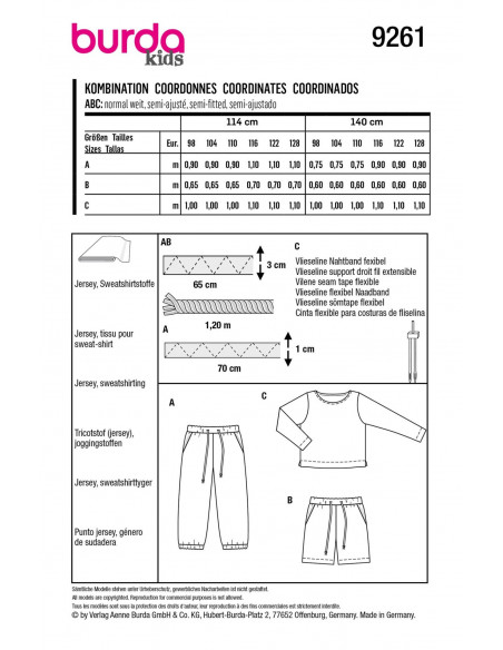 Patron Burda 9261 - Ensemble Tee- shirt, Pantalon ou short Enfant de 98 à 128 cm