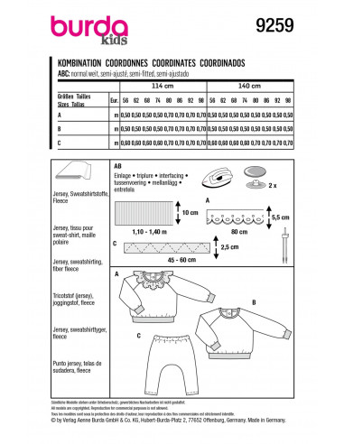 Patron Burda 9259 - Ensemble Tee- shirt et Pantalon bébé de 56 à 98 cm