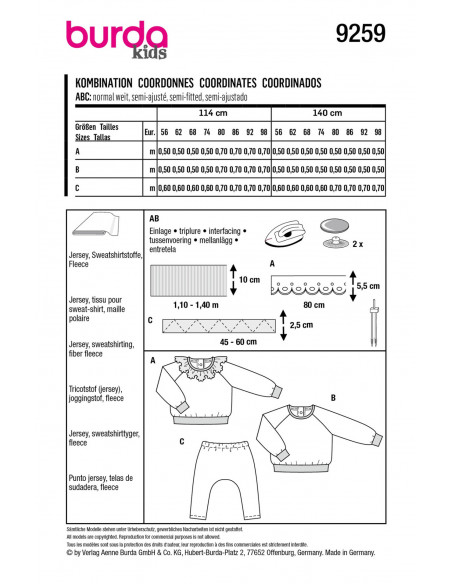 Patron Burda 9259 - Ensemble Tee- shirt et Pantalon bébé de 56 à 98 cm