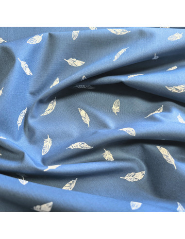 Tissu, Popeline de Coton Plumes, Bleu Jeans, Laize 150 cm, 100% Coton