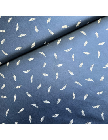 Tissu, Popeline de Coton Plumes, Bleu Jeans, Laize 150 cm, 100% Coton