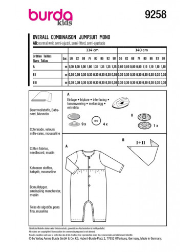 Patron Burda 9258 - Grenouillère et foulard bébé de 56 à 98 cm