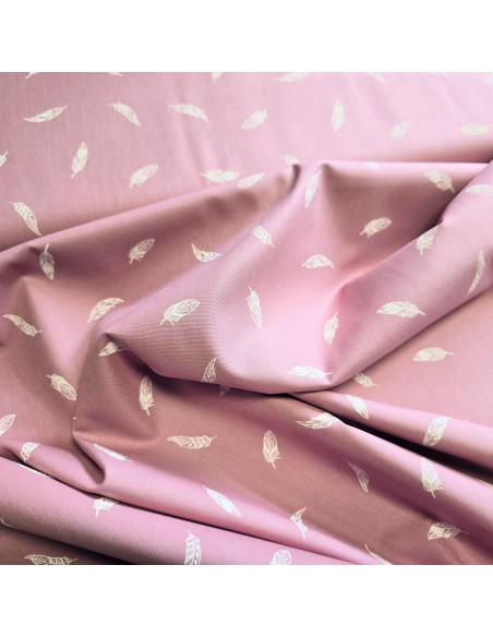 Tissu, Popeline de Coton Plumes, Rose Poudré, Laize 150 cm, 100% Coton