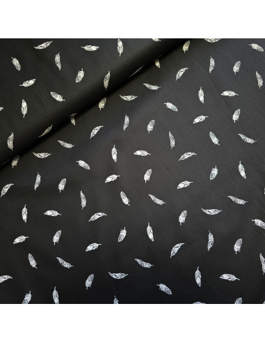 Tissu, Popeline de Coton Plumes, Noir, Laize 150 cm, 100% Coton
