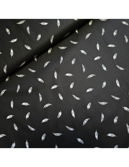 Tissu, Popeline de Coton Plumes, Noir, Laize 150 cm, 100% Coton