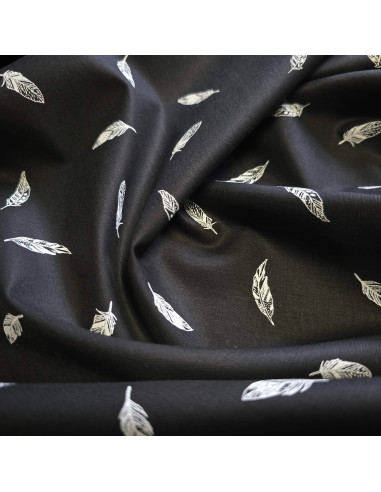 Tissu, Popeline de Coton Plumes, Noir, Laize 150 cm, 100% Coton
