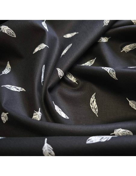 Tissu, Popeline de Coton Plumes, Noir, Laize 150 cm, 100% Coton