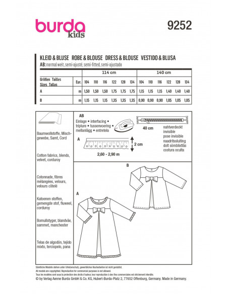 Patron Burda 9252 - Robe & blouse évasées de 104 à 134 cm