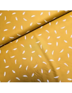 Tissu, Popeline de Coton Plumes, Jaune Moutarde, Laize 150 cm, 100% Coton