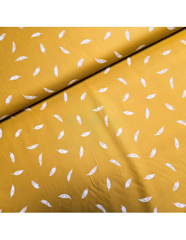 Tissu, Popeline de Coton Plumes, Jaune Moutarde, Laize 150 cm, 100% Coton