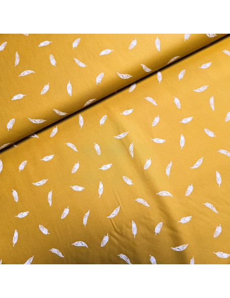 Tissu, Popeline de Coton Plumes, Jaune Moutarde, Laize 150 cm, 100% Coton