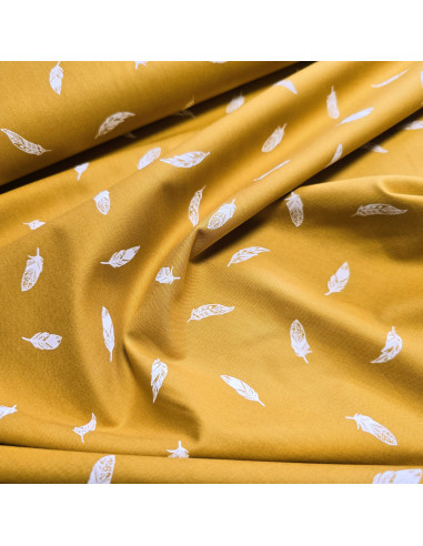 Tissu, Popeline de Coton Plumes, Jaune Moutarde, Laize 150 cm, 100% Coton