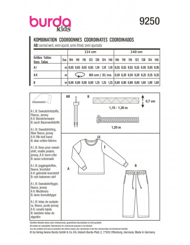 Patron Burda 9250 - Ensemble t-shirt manche longue et pantalon à large ceinture élastiquée de 104 à 140 cm