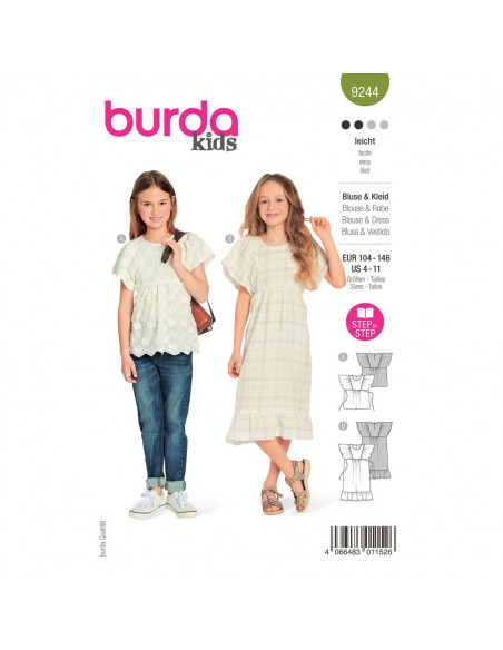 Patron Burda 9244 - Robe et Blouse avec décolleté décorées de ruchés de manches du 36 au 46 (FR)
