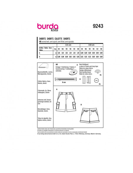 Patron Burda 9243 - Shorts sont indispensables pour les petits du 46 au 56 (FR)