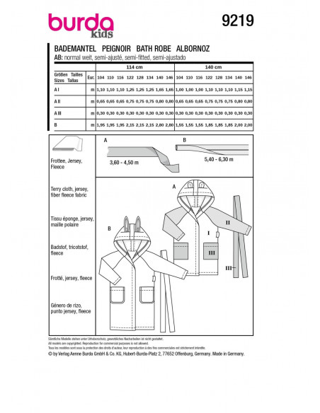 Patron Burda 9219 - Peignoir pour enfants