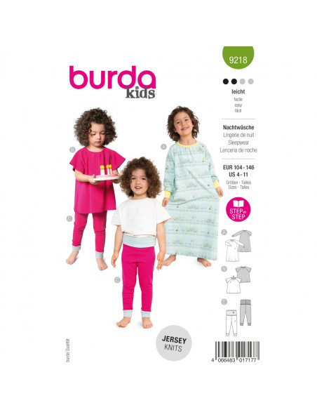 Patron Burda 9218 - Chemise de nuit, pyjama pour enfants