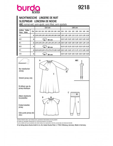 Patron Burda 9218 - Chemise de nuit, pyjama pour enfants
