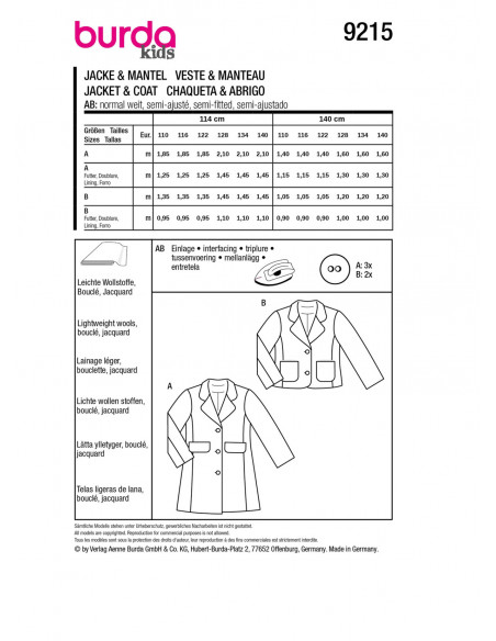 Patron Burda 9215 - Manteau pour enfants